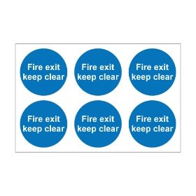Fire Exit Keep Clear - 100mm Diameter Self Adhesive Vinyl Sign - Pack of 30