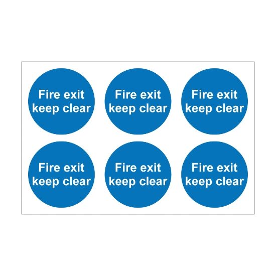 Fire Exit Keep Clear - 100mm Diameter Self Adhesive Vinyl Sign - Pack of 30