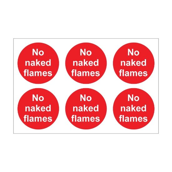 No Naked Flames - 100mm Diameter Self Adhesive Vinyl Sign - Pack of 30
