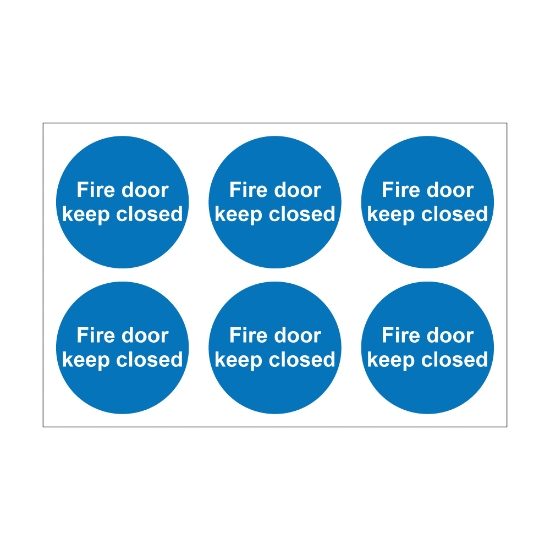 Fire Door Keep Closed - 100mm Diameter Self Adhesive Vinyl Sign - Pack of 30