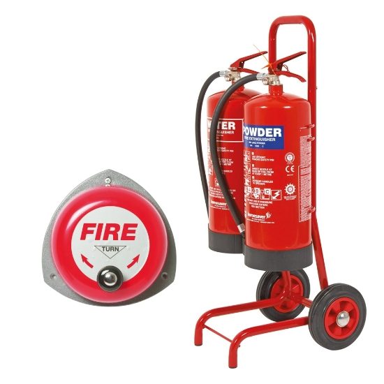 Double Fire Trolley c/w Rotary Hand Bell, 9 Litre Water  Extinguisher & 9kg Dry Powder Extinguisher