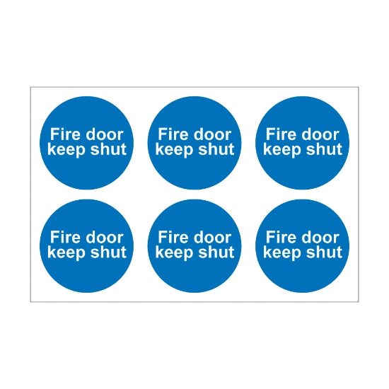 Fire Door Keep Shut - 100mm Diameter Self Adhesive Vinyl Sign - Pack of 30