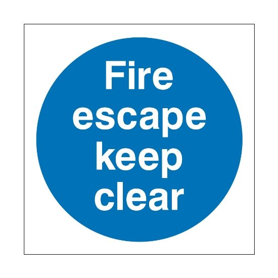 Fire escape keep clear sign, 100mm x 100mm, 1mm Rigid Plastic - from Tiger Supplies Ltd - 515-01-82