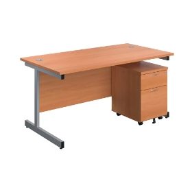 Single Desk with 3 Drawers Pedestal - Beech / Silver
