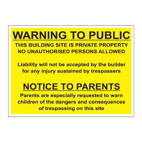 Warning to public, notice to parents sign, 600 x 450mm, 1mm Rigid Plastic - from Tiger Supplies Ltd - 530-03-15